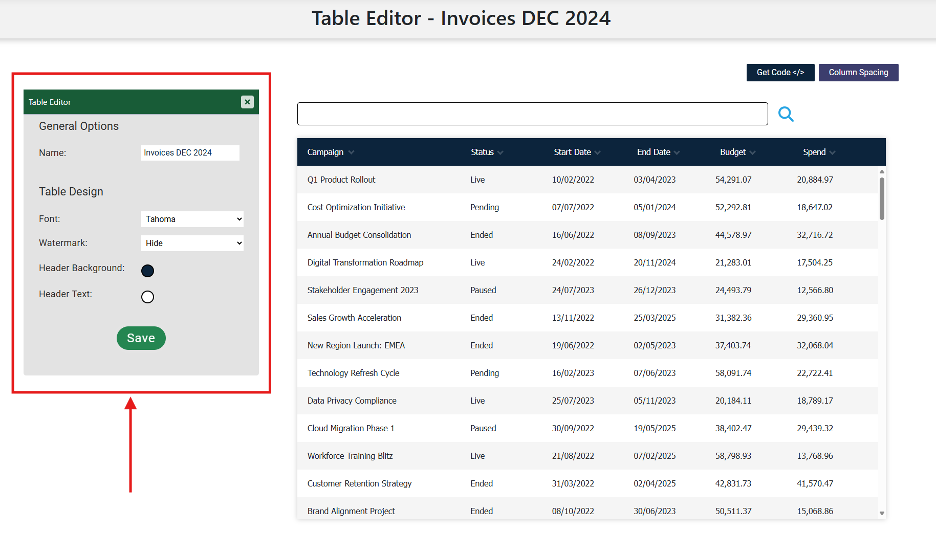 HTMLTableMaker table editor with options to set name, font, and header colours