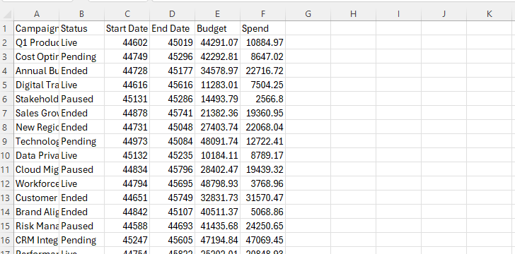 Example image of Excel spreadsheet formatted so it's ready for import