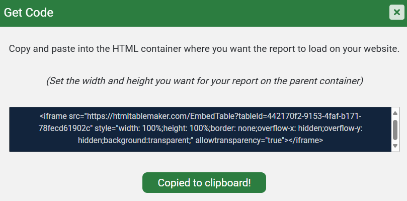 Get code dialogue to copy embed snipped ready to be pasted into website
