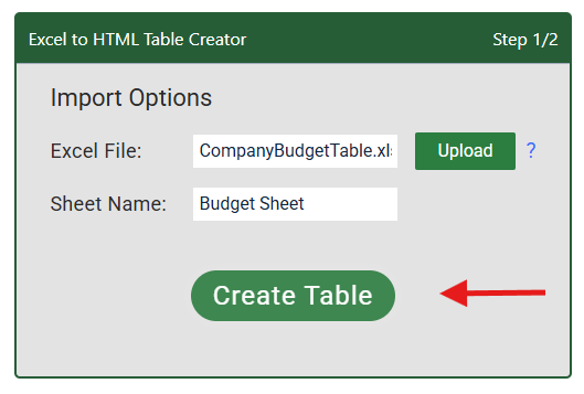Excel to HTML upload dialogue with red arrow pointing to upload button